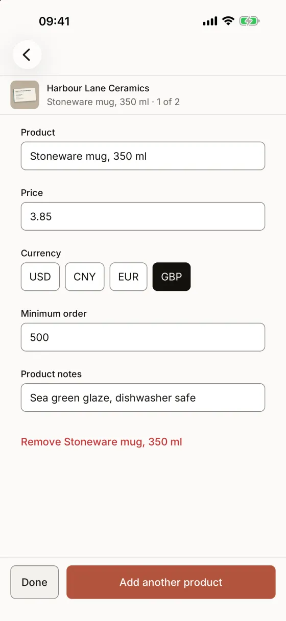 A product on its own screen in the capture app: stoneware mug, price 3.85 GBP, minimum order 500, with product notes.