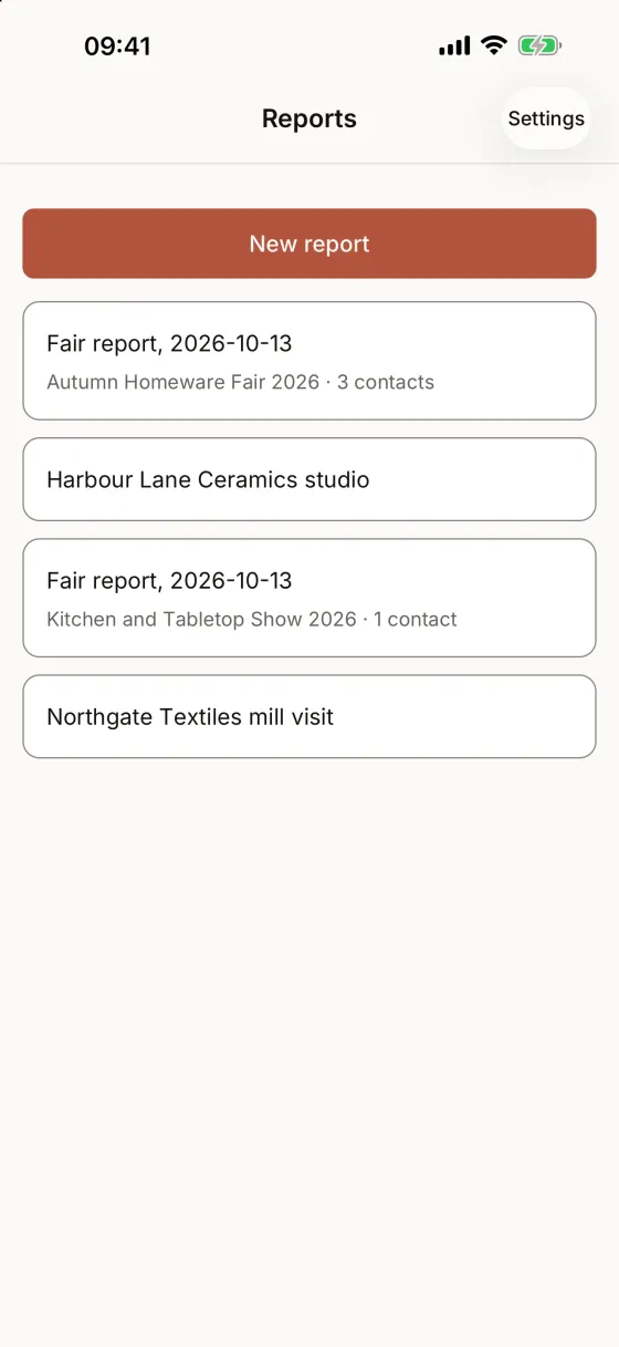 The capture app's report list: a New report button above fair reports and supplier visits, each fair report showing its fair and number of contacts.