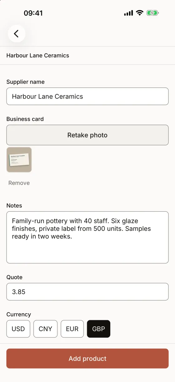 A supplier visit in the capture app: supplier name, a photographed business card, notes, and a quote of 3.85 in GBP.